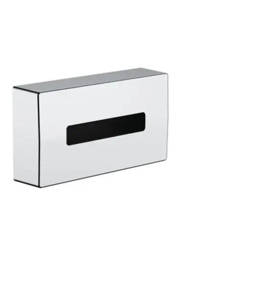 Kosmetiktuchbox aus Chrom von Hansgrohe, rechteckige Form mit schwarzem Schlitz für einfache Entnahme. Ideal für Badezimmer odersehr moderne Räume.